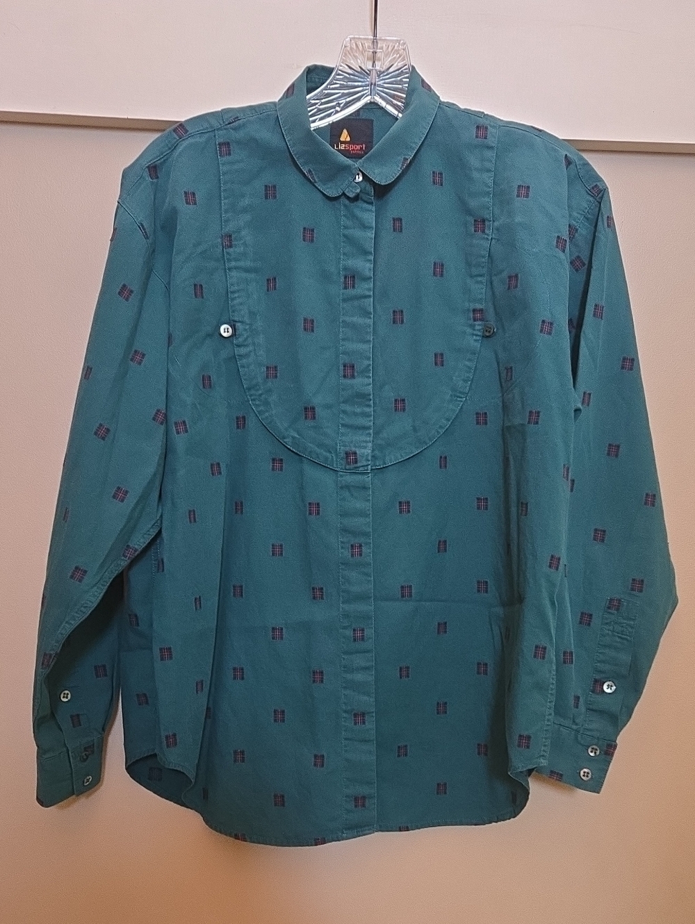 Liz Sport Teal Button-Down Shirt with Navy Square Motif
